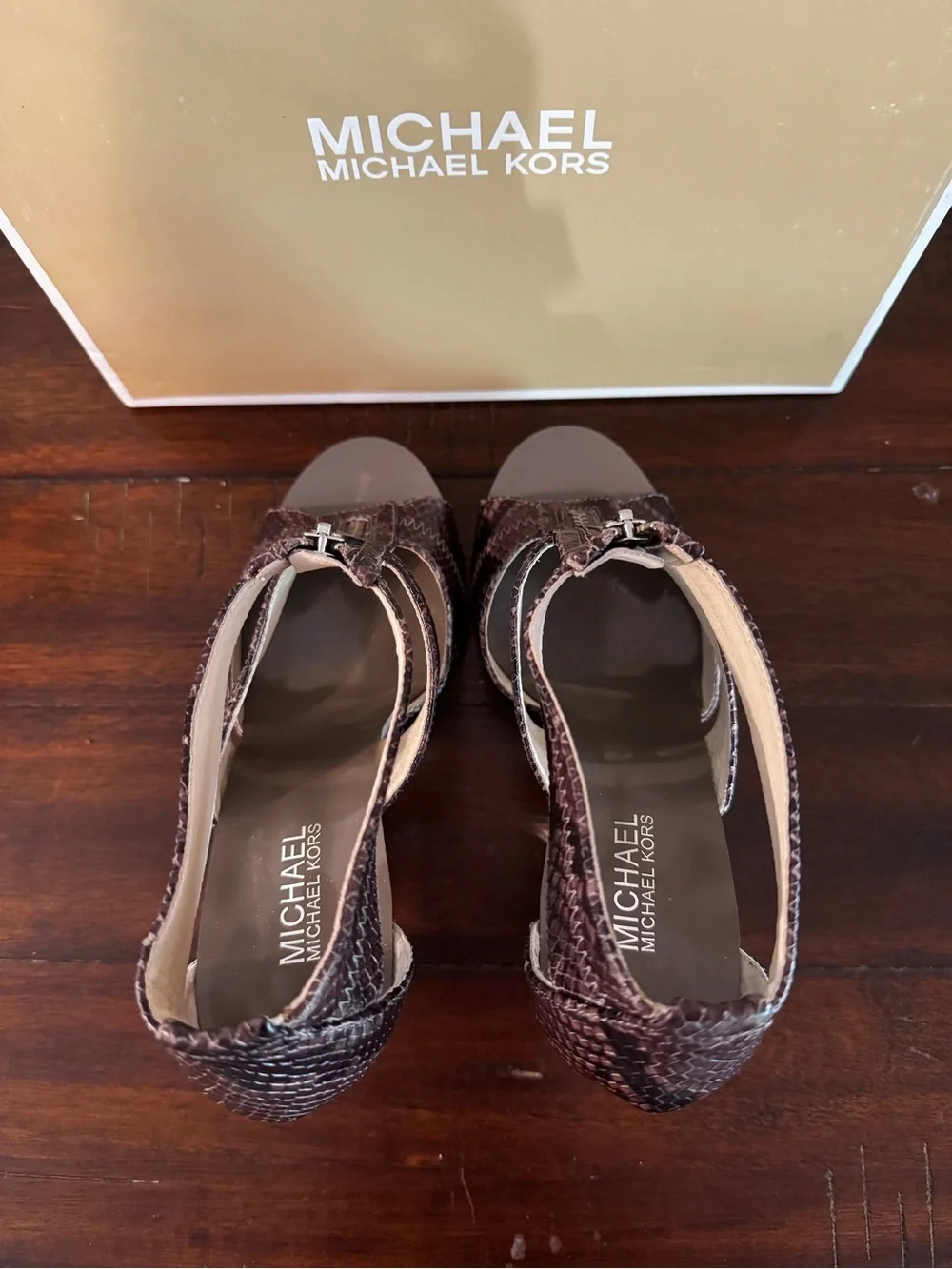 Michael Kors Brown Snake-Print T-Strap Heels with Zipper Front and Box Size 9.5